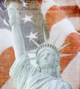American Flag, flying ,statue of liberty and Constitution montag